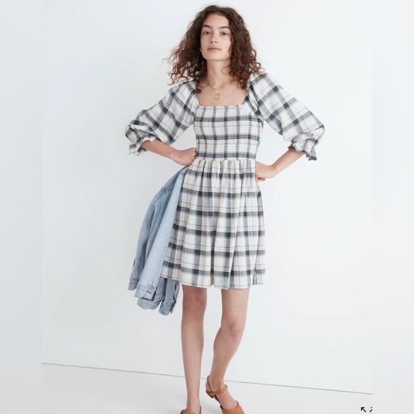 Madewell Dress Women’s Small Lucie Elbow-Sleeve Smocked Mini in Lebaum Plaid NWT - Picture 1 of 10